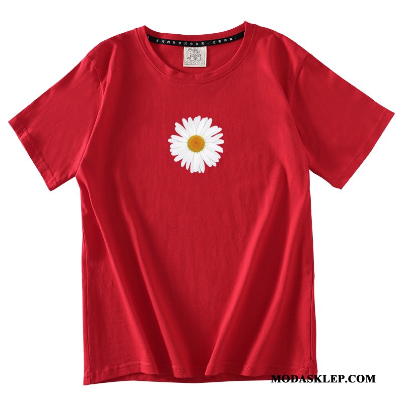 Damskie Koszulki Online Bawełna Krótki Rękaw Topy Vintage Damska Czerwony