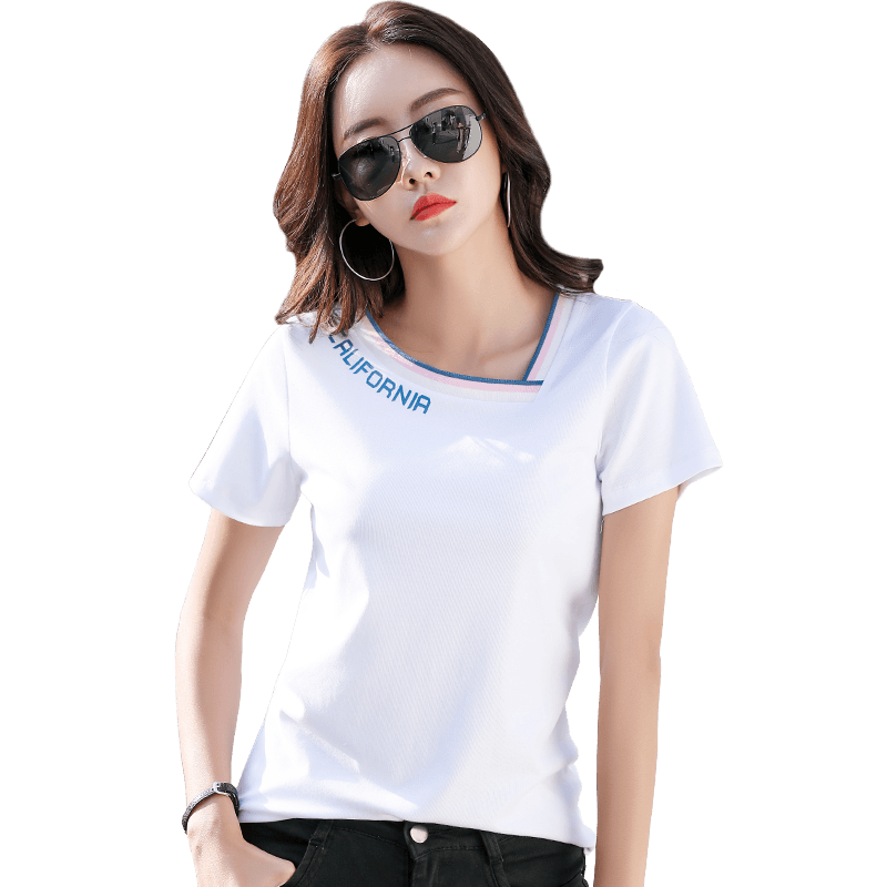 Damskie Koszulki Online T-shirt Topy Krótki Rękaw Szerokie Bawełna Biały