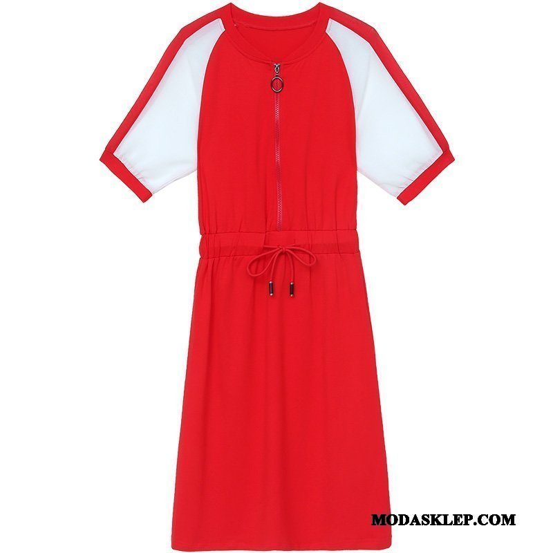 Damskie Sukienka Tanie Krótki Rękaw 2019 Szerokie Moda Tendencja Czerwony
