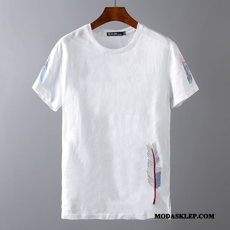 Męskie Koszulki Kup Cienkie Ręcznie Robione Okrągły Dekolt Krótki Rękaw Piórka Biały