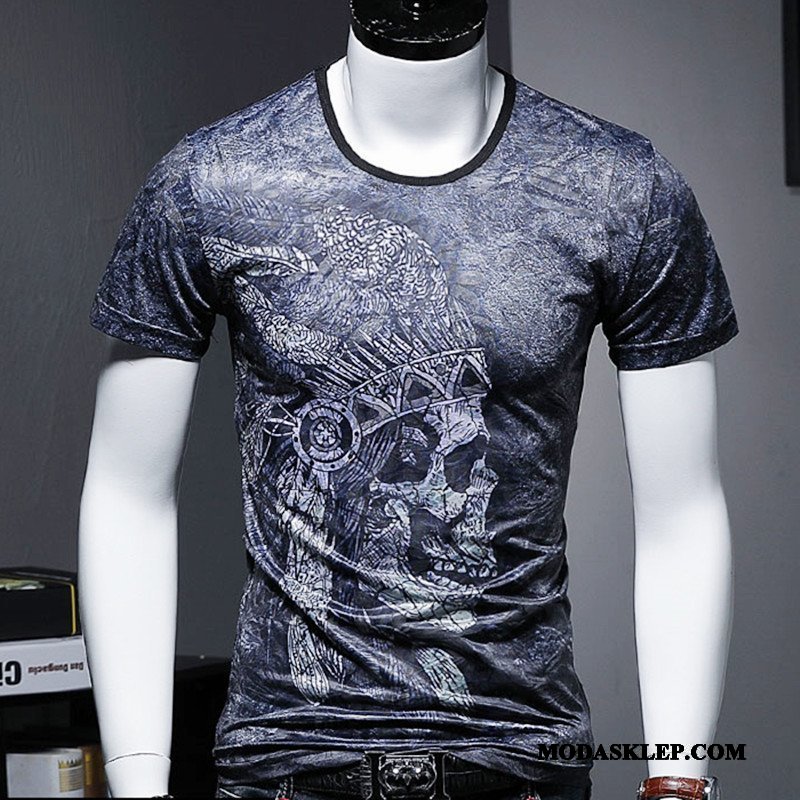 Męskie Koszulki Online T-shirt Legginsy Krótki Rękaw Mały Vintage Niebieski
