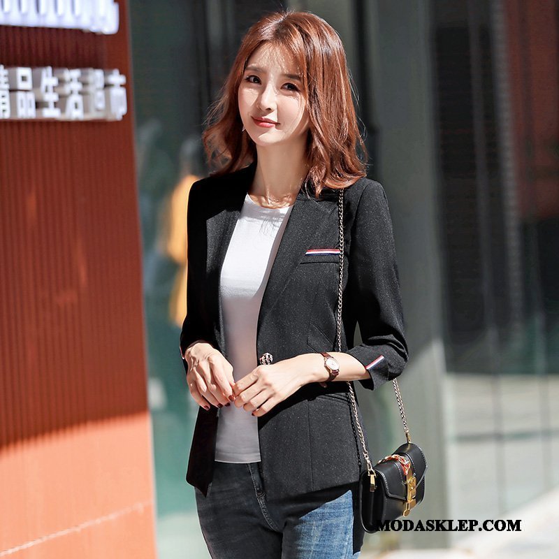Damskie Blazer Dyskont Garnitur Blezer Rękawy Biurowe Casual Czarny
