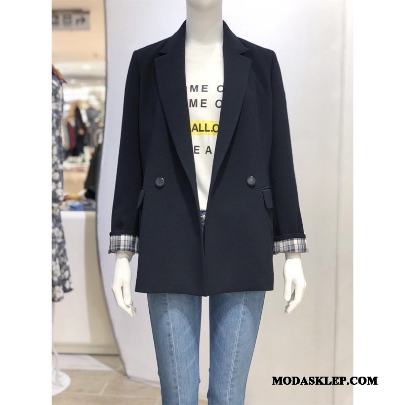 Damskie Blazer Online Wiosna Krata 2019 Cienkie Nowy Czarny