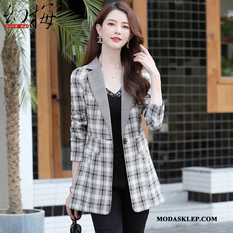 Damskie Blezer Oferta Nowy Długie Krata Eleganckie Moda Czarny
