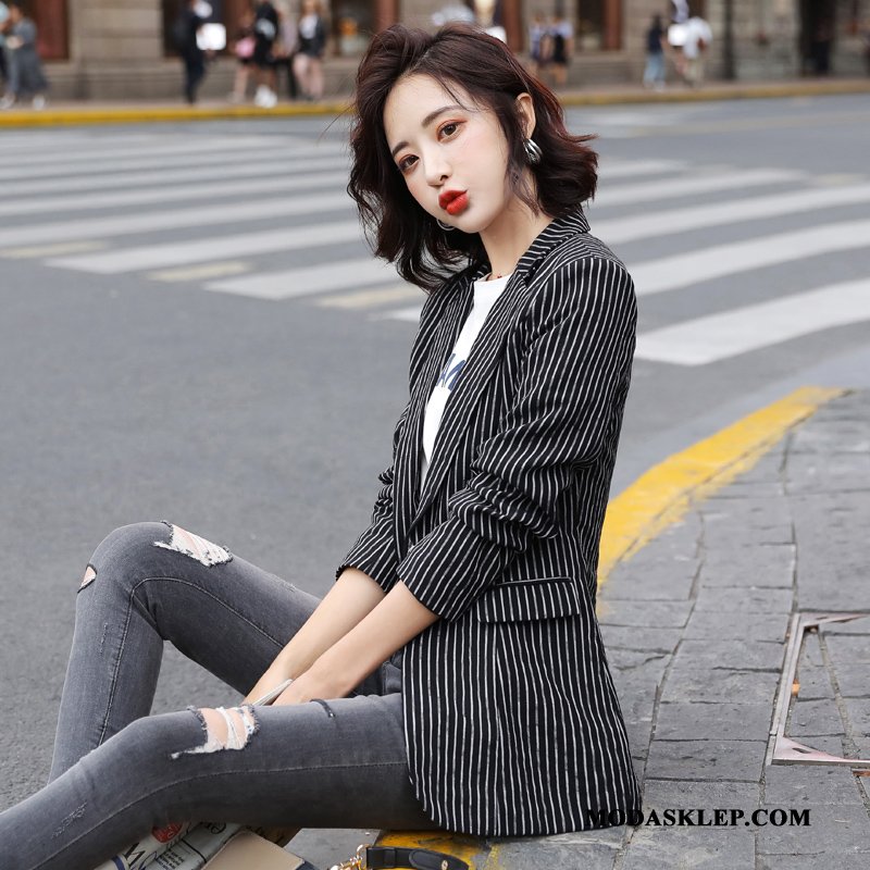Damskie Blezer Tanie Slim Fit Topy Jesień Marynarka Casual Niebieski Żółty