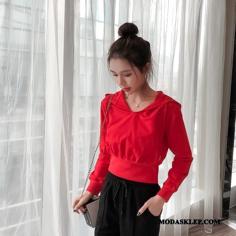 Damskie Bluza Z Kapturem Dyskont Topy Wysoki Stan Casual Nowy Krótki Czerwony