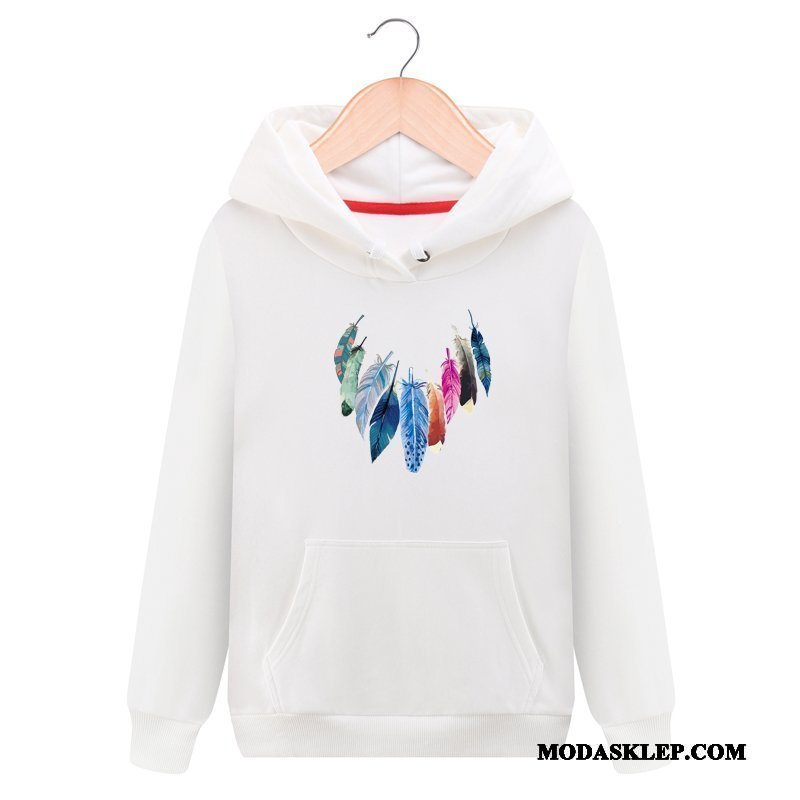 Damskie Bluza Z Kapturem Oferta Topy Długie Casual Student Pullover Biały