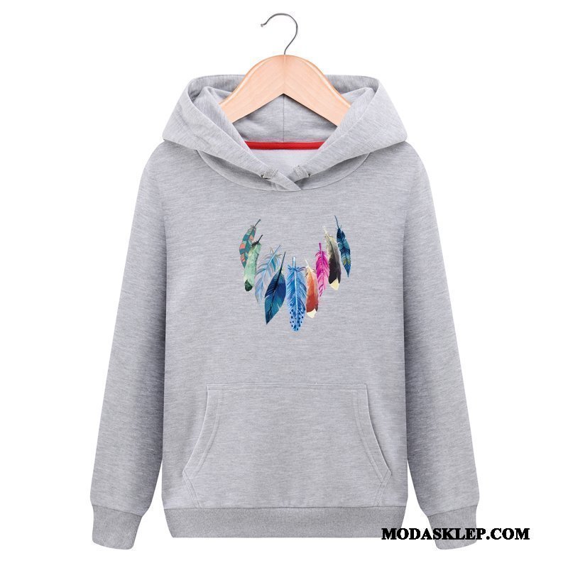 Damskie Bluza Z Kapturem Oferta Topy Długie Casual Student Pullover Biały