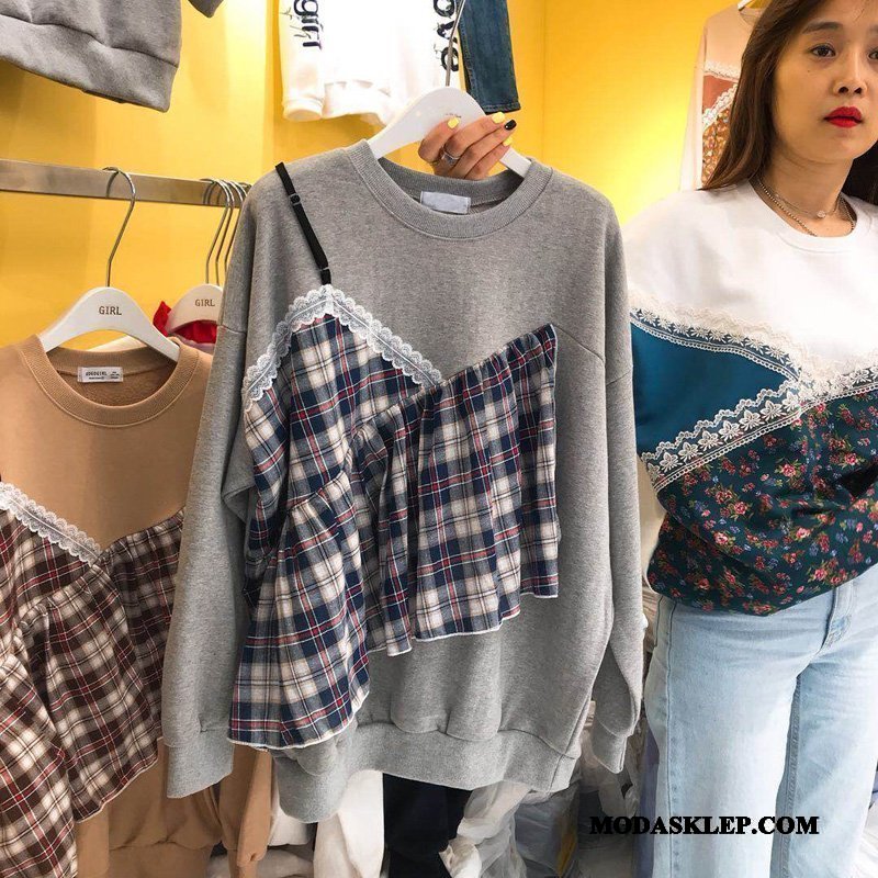 Damskie Bluza Z Kapturem Online Topy Wiosna Pullover Student Koronkowe Biały