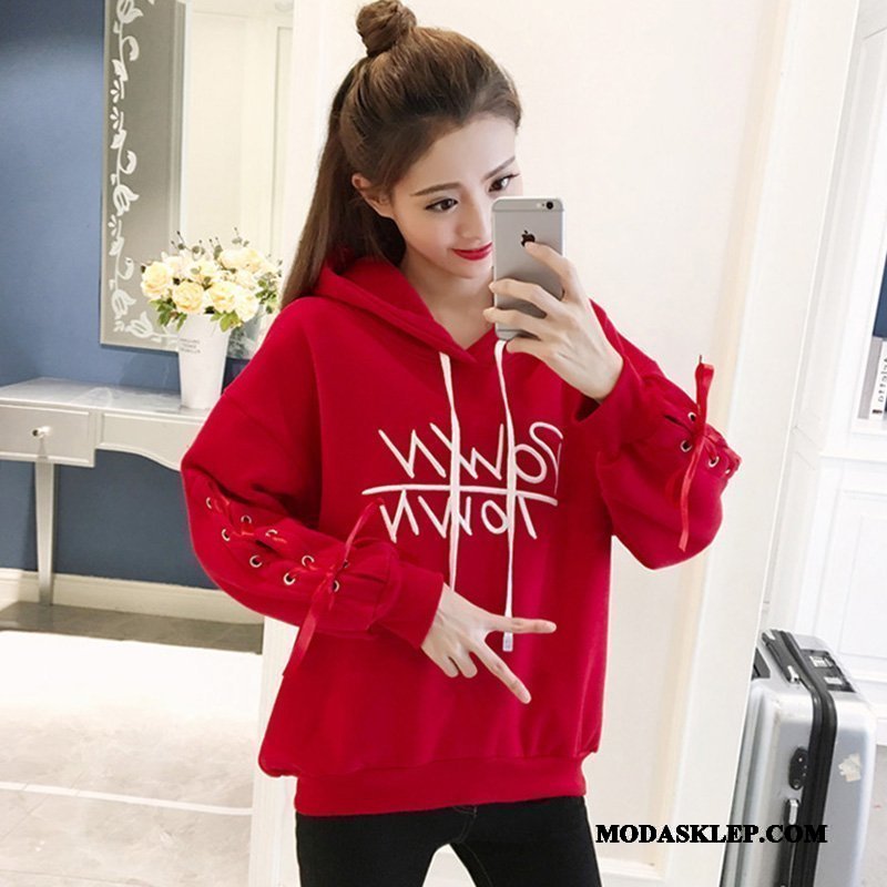 Damskie Bluza Z Kapturem Sklep Z Haftem Dla Grubych 2019 Zima Student Czerwony