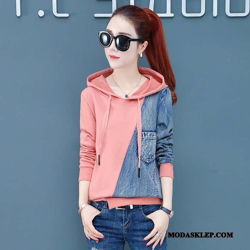 Damskie Bluza Z Kapturem Tanie Szerokie Denim Pullover Jesień Casual Żółty