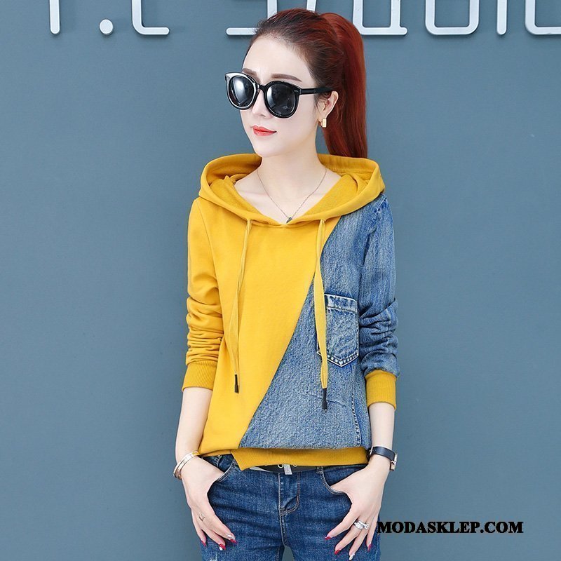 Damskie Bluza Z Kapturem Tanie Szerokie Denim Pullover Jesień Casual Żółty