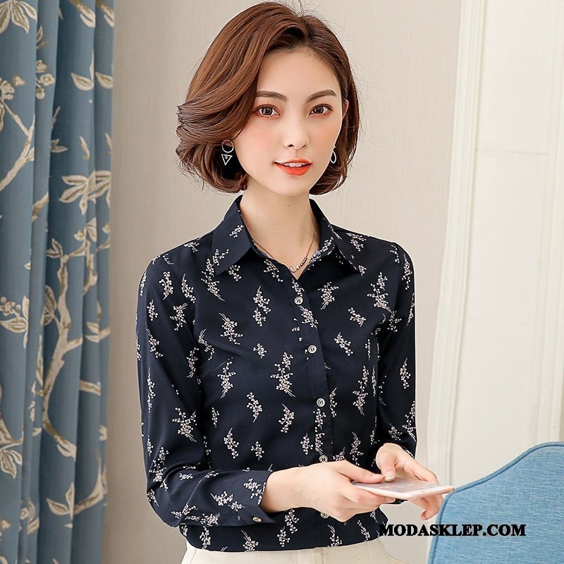 Damskie Bluzka Kupię 2019 Slim Fit Kwiaty Koszula Nowy Niebieski