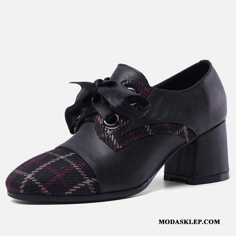 Damskie Buty Na Obcasie Kupię Vintage Loafers Damska Gruba Podeszwa Sznurowane Mieszane Kolory Beżowy Biały Ciemno