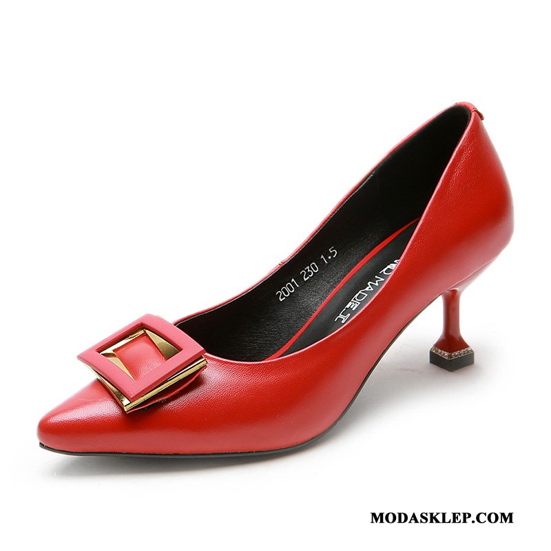 Damskie Buty Na Obcasie Oferta Cienkim Obcasie Pojedyncze Buty Jesień Prawdziwa Skóra Wiosna Jasny Czerwony