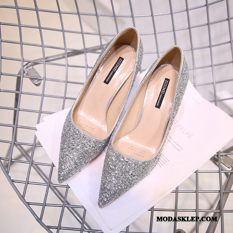 Damskie Buty Na Obcasie Sklep Jesień Cienkim Obcasie Cekiny Buty Ślubne Zima Srebrny Czerwony
