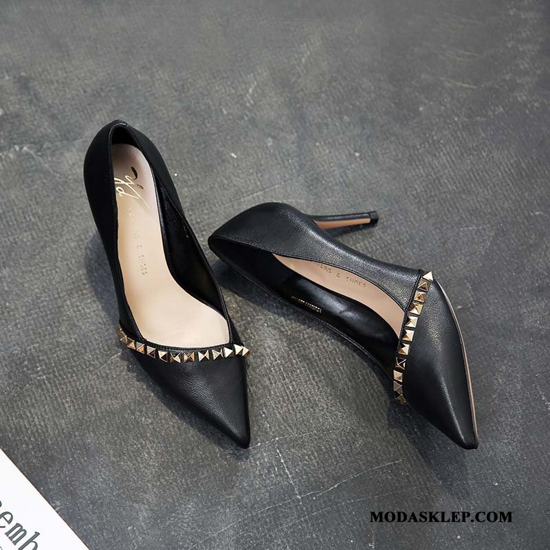 Damskie Buty Na Obcasie Sklep Moda Szpiczaste Nity Damska Cienkim Obcasie Beżowy Czarny Czerwony