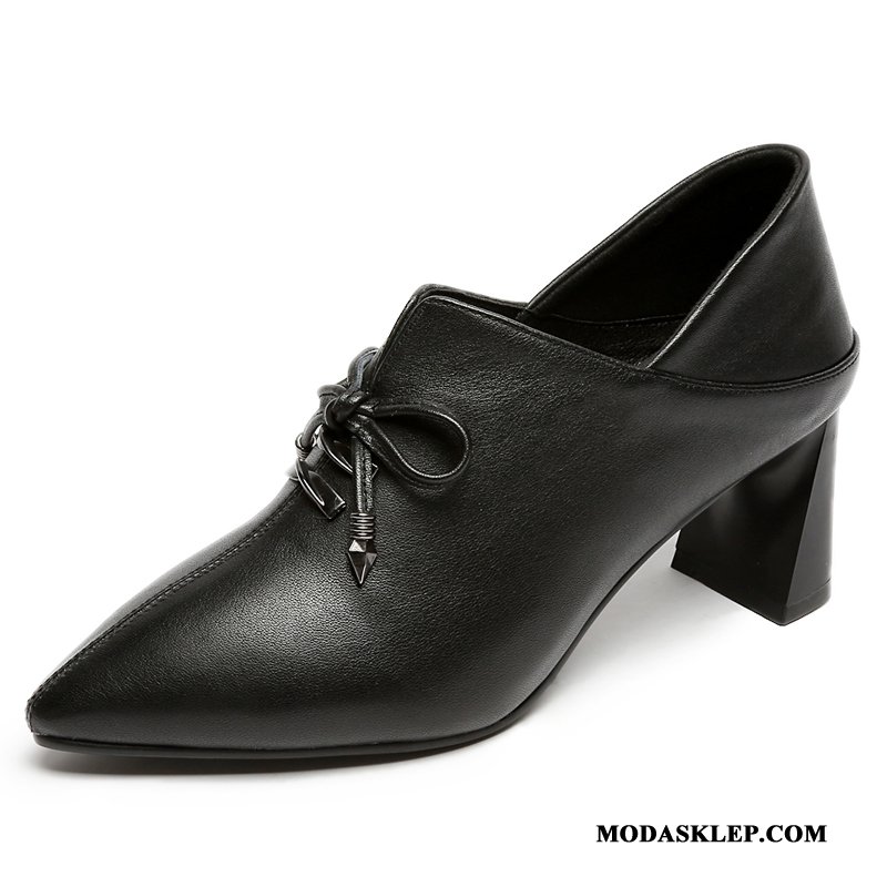 Damskie Buty Na Obcasie Sprzedam Sznurowane Jesień Wiosna Skórzane Buty Slip On Biały