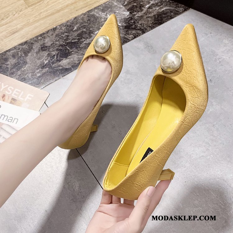 Damskie Buty Na Obcasie Tanie Pojedyncze Buty Cienkim Obcasie Lato Z Pracy Szpiczaste Jasny Czerwony Żółty