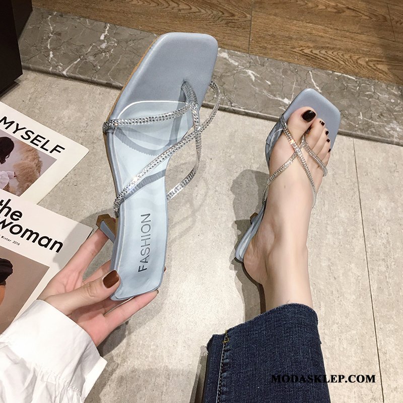 Damskie Japonki Dyskont Lato Rhinestone Wszystko Pasuje Cienkim Obcasie Wysokie Obcasy Niebieski