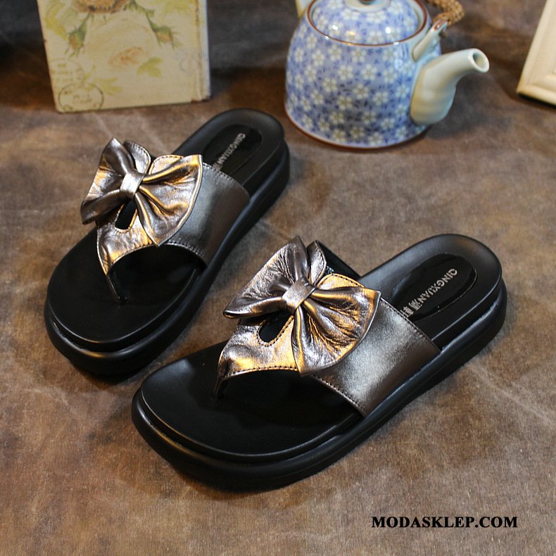 Damskie Japonki Kup Moda Plażowe Prawdziwa Skóra Buty Z Grubą Podeszwą Czarny
