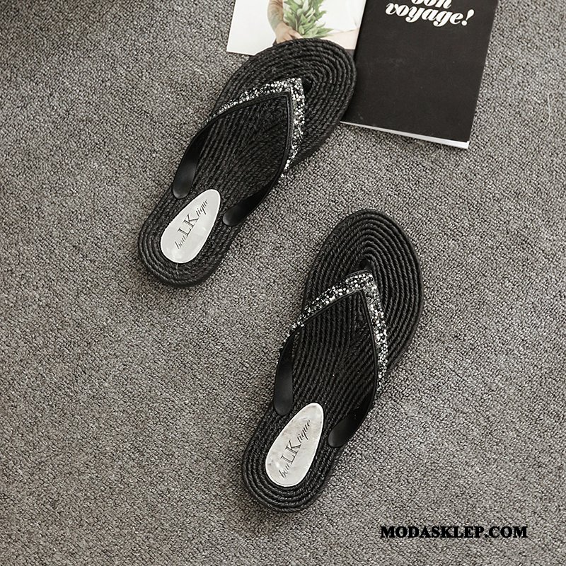Damskie Japonki Kup Rhinestone Moda Lato Płaskie Antypoślizgowe Czarny