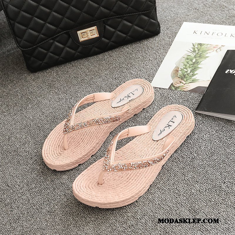 Damskie Japonki Kup Rhinestone Moda Lato Płaskie Antypoślizgowe Czarny