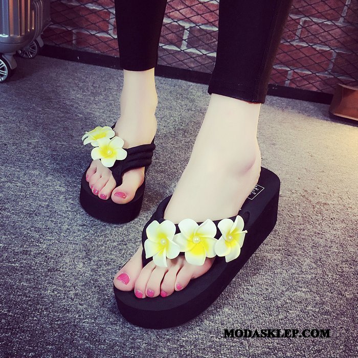 Damskie Japonki Online Z Grubą Podeszwą Wedge Moda Kwiaty Płaskie Niebieski