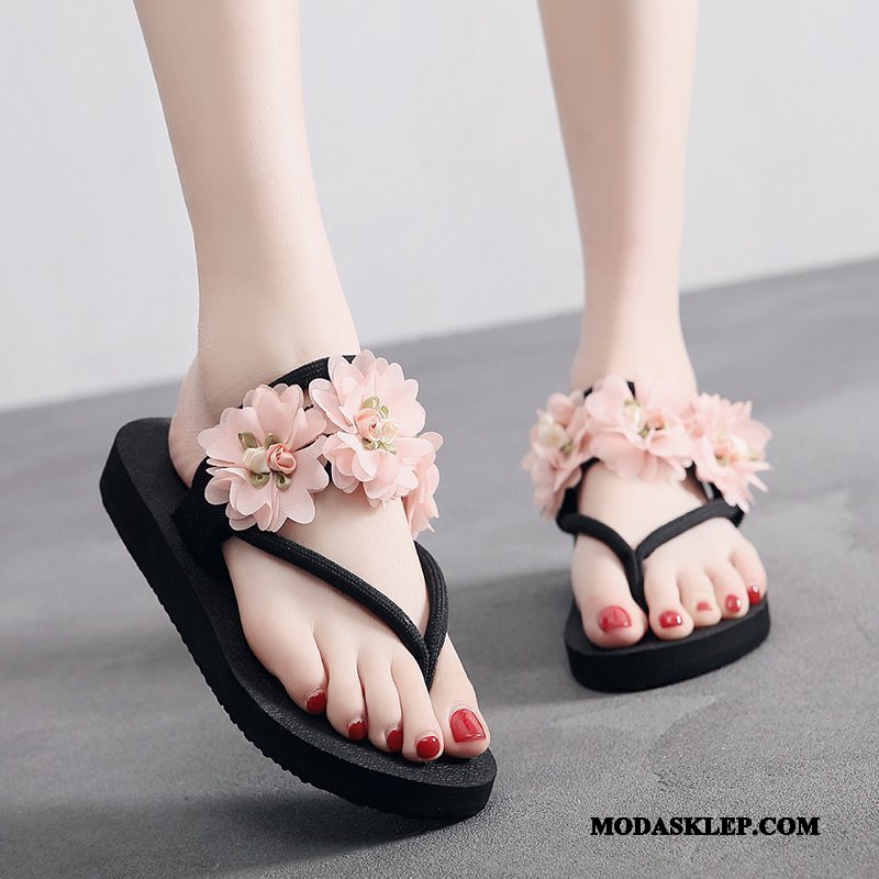 Damskie Japonki Tanie Moda Z Grubą Podeszwą Plażowe Płaskie Kwiaty Biały Czerwony