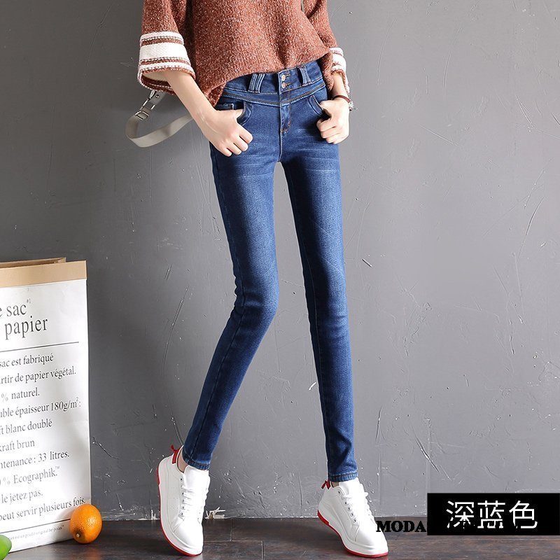 Damskie Jeansy Sklep Mały Guziki Slim Fit Dżinsy Wysoki Stan Ciemno Niebieski