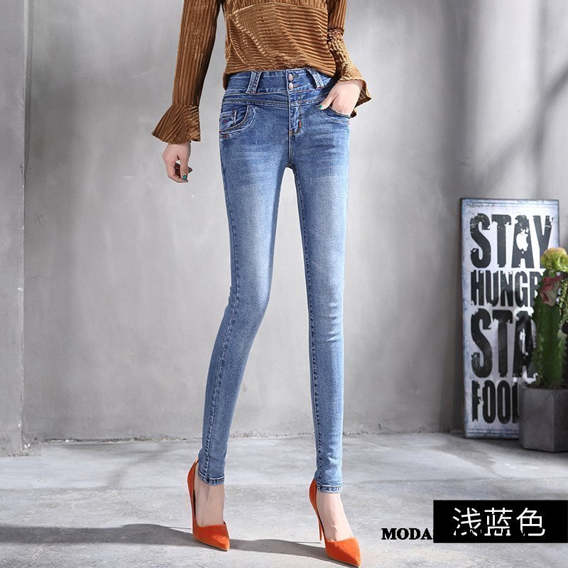 Damskie Jeansy Sklep Mały Guziki Slim Fit Dżinsy Wysoki Stan Ciemno Niebieski