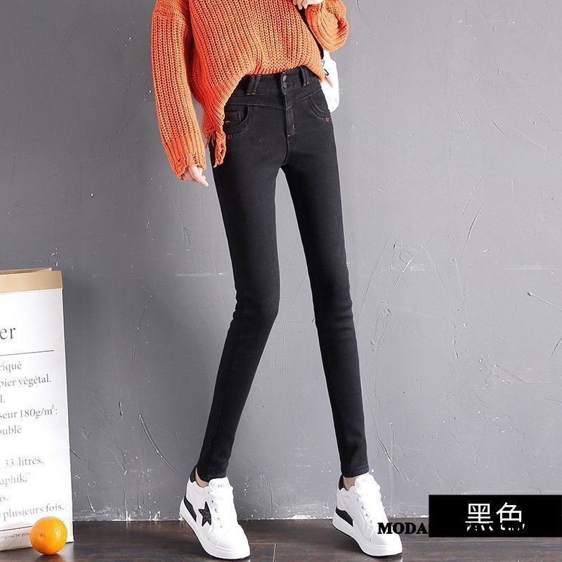 Damskie Jeansy Sklep Mały Guziki Slim Fit Dżinsy Wysoki Stan Ciemno Niebieski