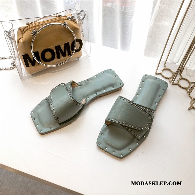 Damskie Kapcie Dyskont Moda Nity 2019 Damska Kwadratowa Głowa Czerwony Zielony