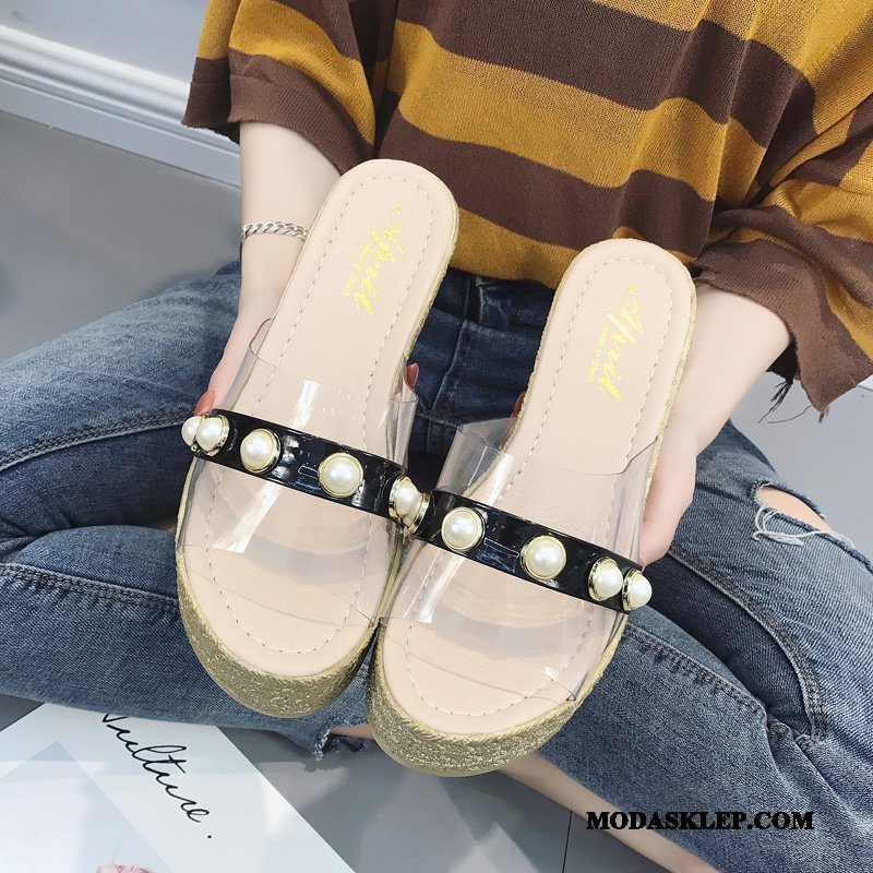 Damskie Kapcie Online Moda Buty Platforma Lato Perła Czarny