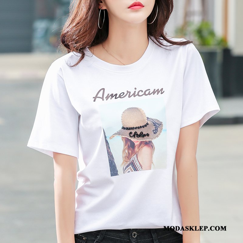Damskie Koszulki Kup Szerokie Krótki Rękaw Topy Damska T-shirt Biały Czarny