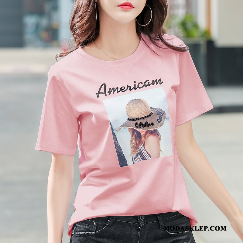 Damskie Koszulki Kup Szerokie Krótki Rękaw Topy Damska T-shirt Biały Czarny