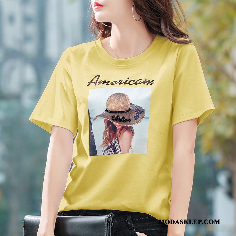 Damskie Koszulki Kup Szerokie Krótki Rękaw Topy Damska T-shirt Biały Czarny