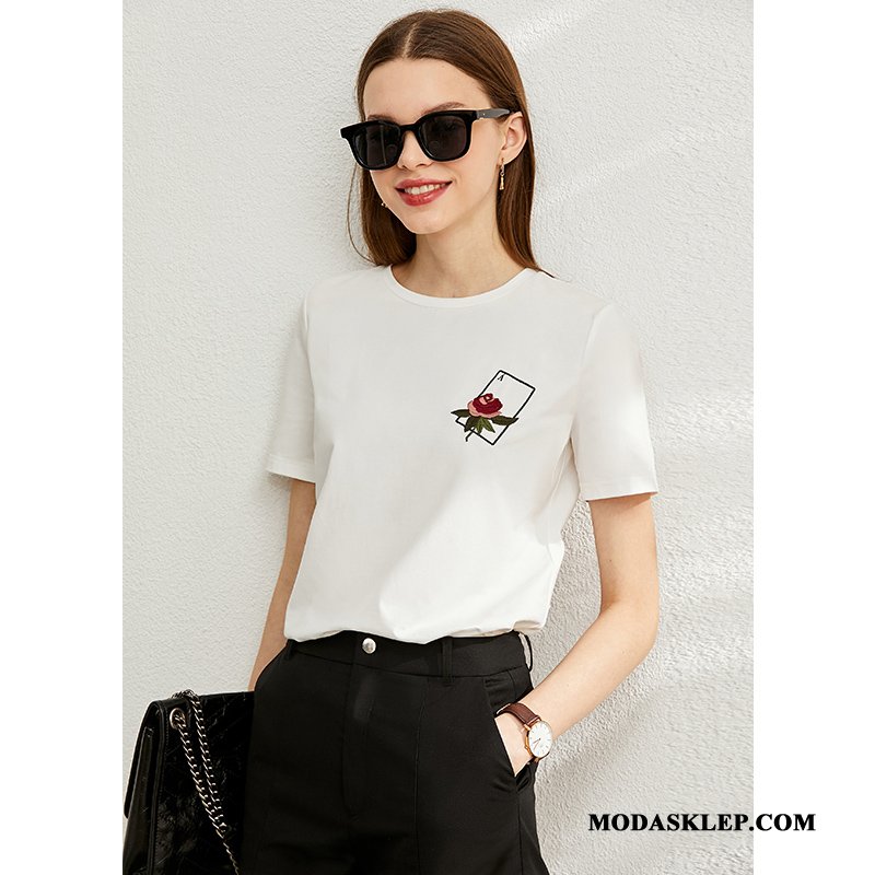Damskie Koszulki Oferta Tendencja Moda Haftowana Damska Topy Róża Biały Szary
