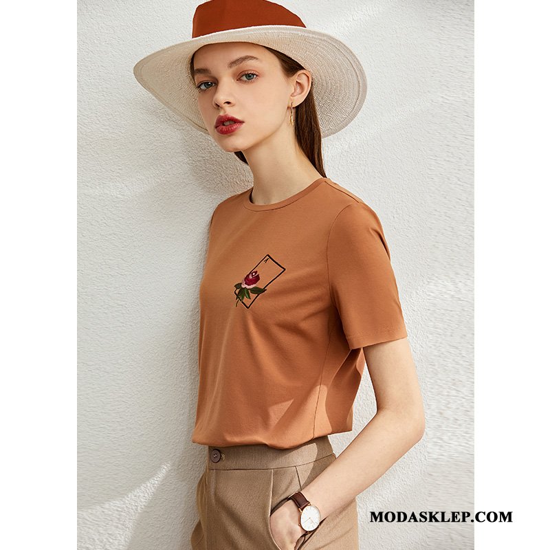 Damskie Koszulki Oferta Tendencja Moda Haftowana Damska Topy Róża Biały Szary