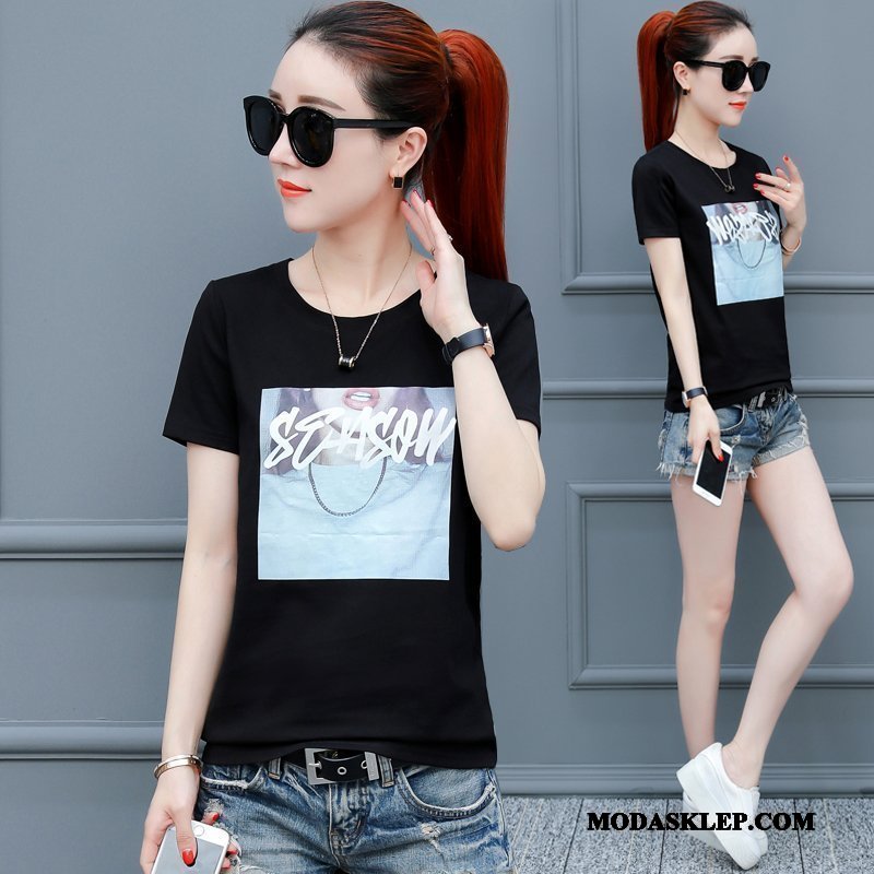 Damskie Koszulki Oferta Topy Szerokie Krótki Rękaw T-shirt Nowy Czarny