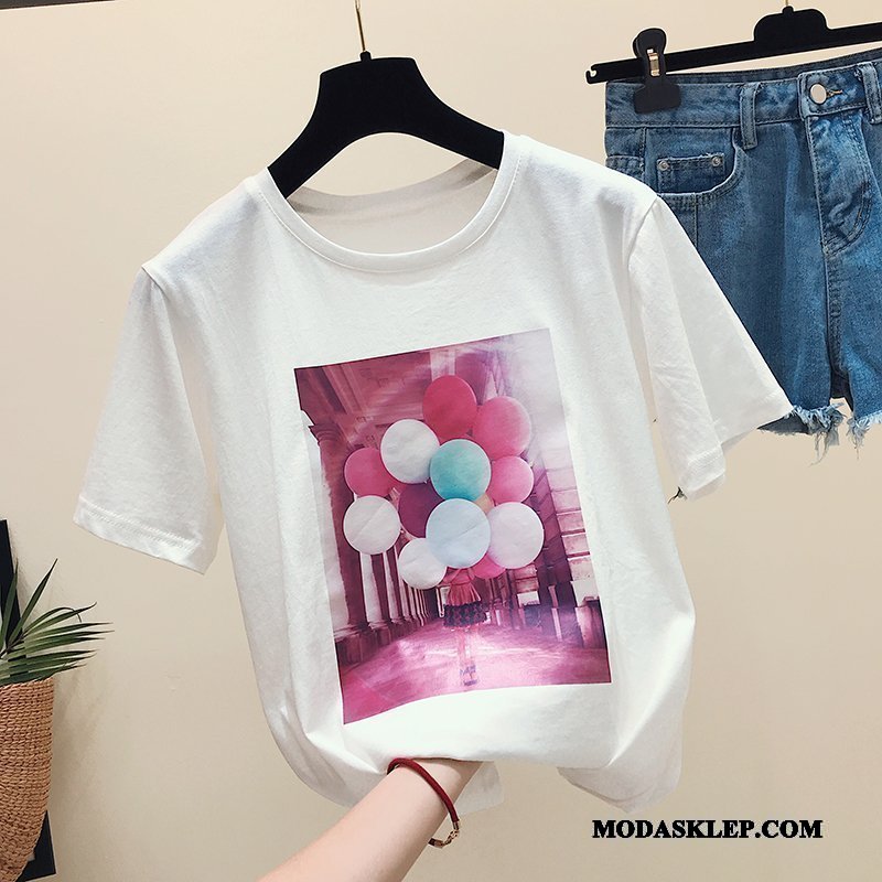 Damskie Koszulki Sklep Szerokie Bawełna Topy Nowy T-shirt Różowy Biały