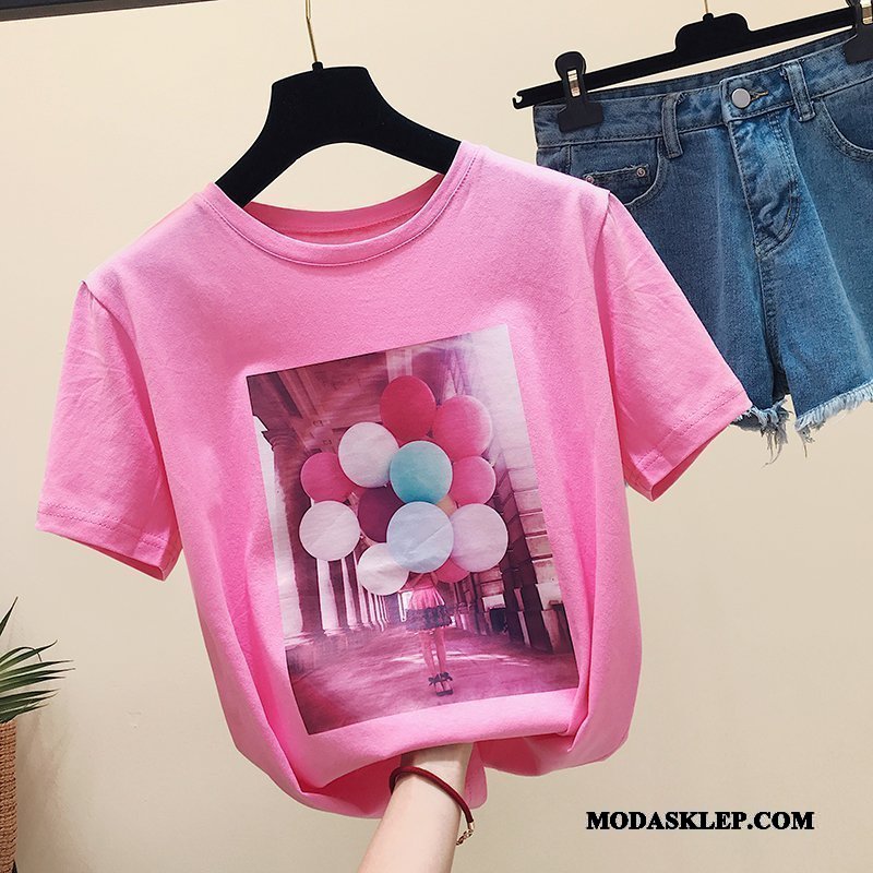 Damskie Koszulki Sklep Szerokie Bawełna Topy Nowy T-shirt Różowy Biały