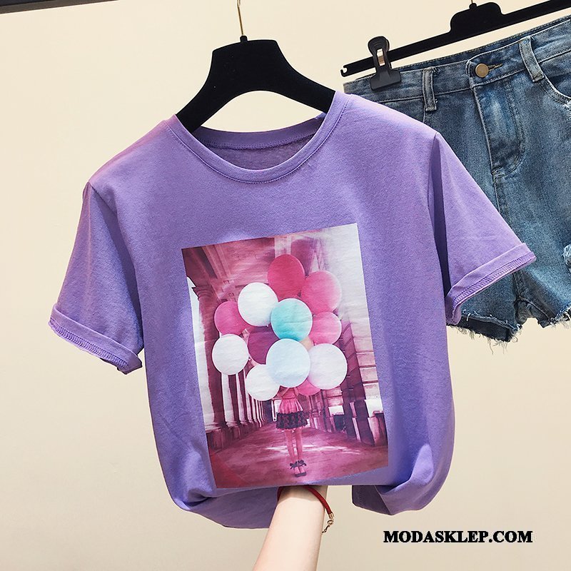Damskie Koszulki Sklep Szerokie Bawełna Topy Nowy T-shirt Różowy Biały