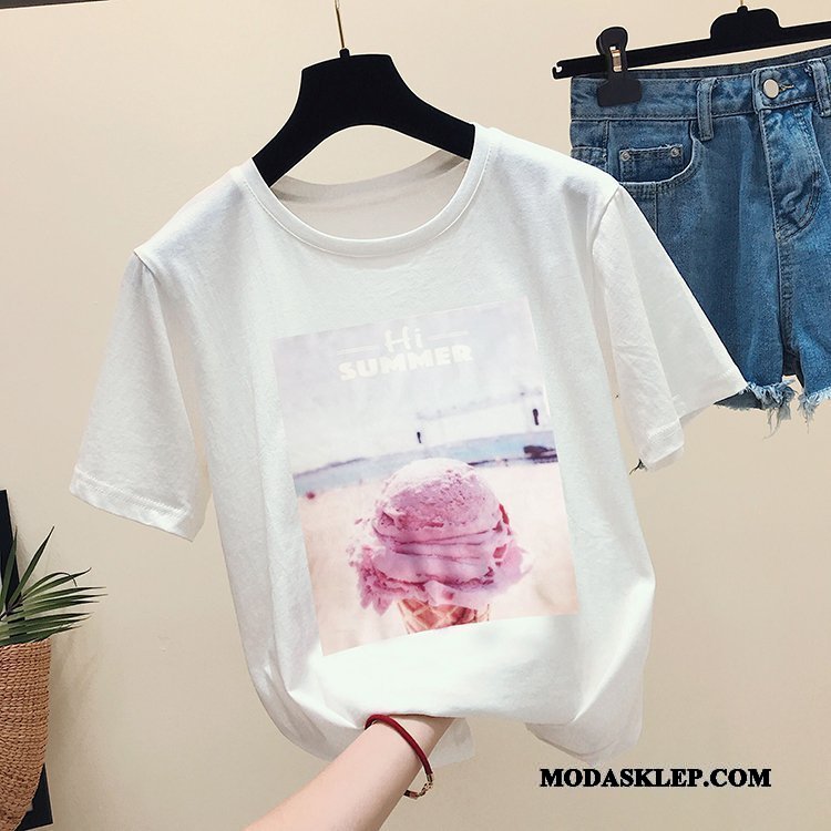 Damskie Koszulki Sklep Szerokie Bawełna Topy Nowy T-shirt Różowy Biały
