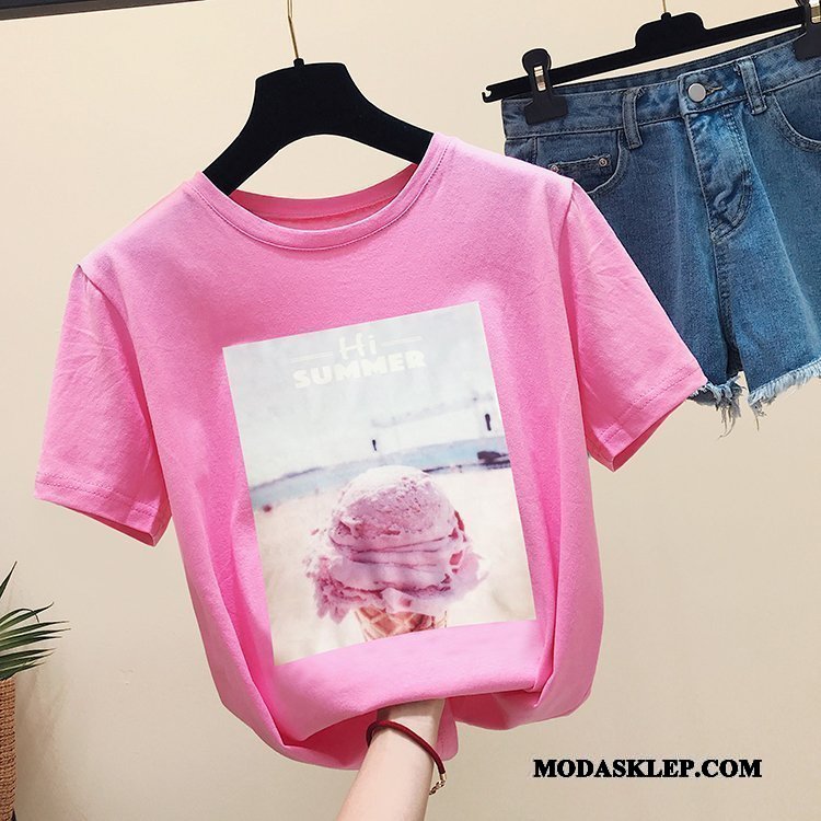 Damskie Koszulki Sklep Szerokie Bawełna Topy Nowy T-shirt Różowy Biały