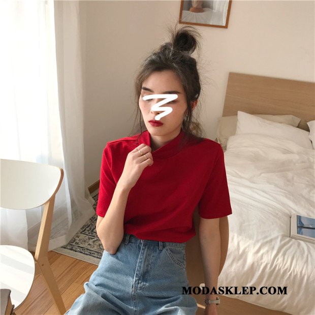 Damskie Koszulki Sklep T-shirt Krótki Rękaw Damska Super Topy Czarny Czerwony