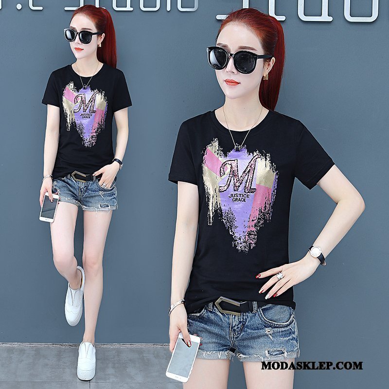 Damskie Koszulki Tanie Nowy 2019 Moda Lato T-shirt Fioletowy Biały