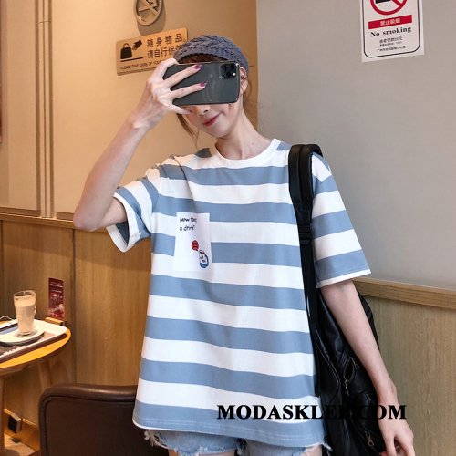 Damskie Koszulki Tanie T-shirt Szerokie Krótki Rękaw Tendencja Lato Niebieski Biały
