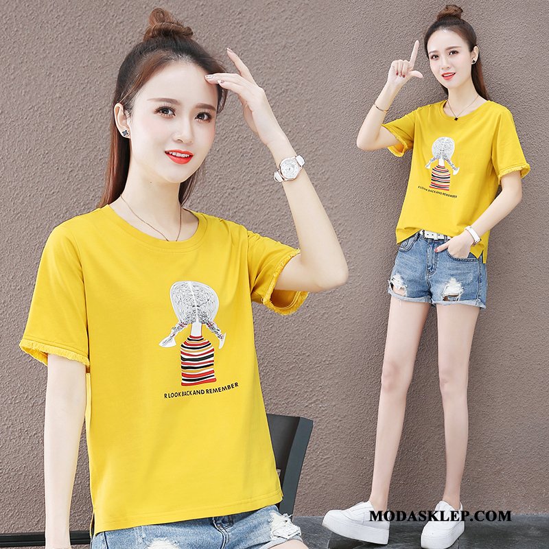 Damskie Koszulki Tanie Wysoki Szerokie Topy Krótki T-shirt Pomarańczowy