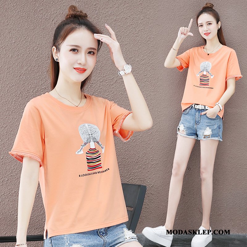 Damskie Koszulki Tanie Wysoki Szerokie Topy Krótki T-shirt Pomarańczowy